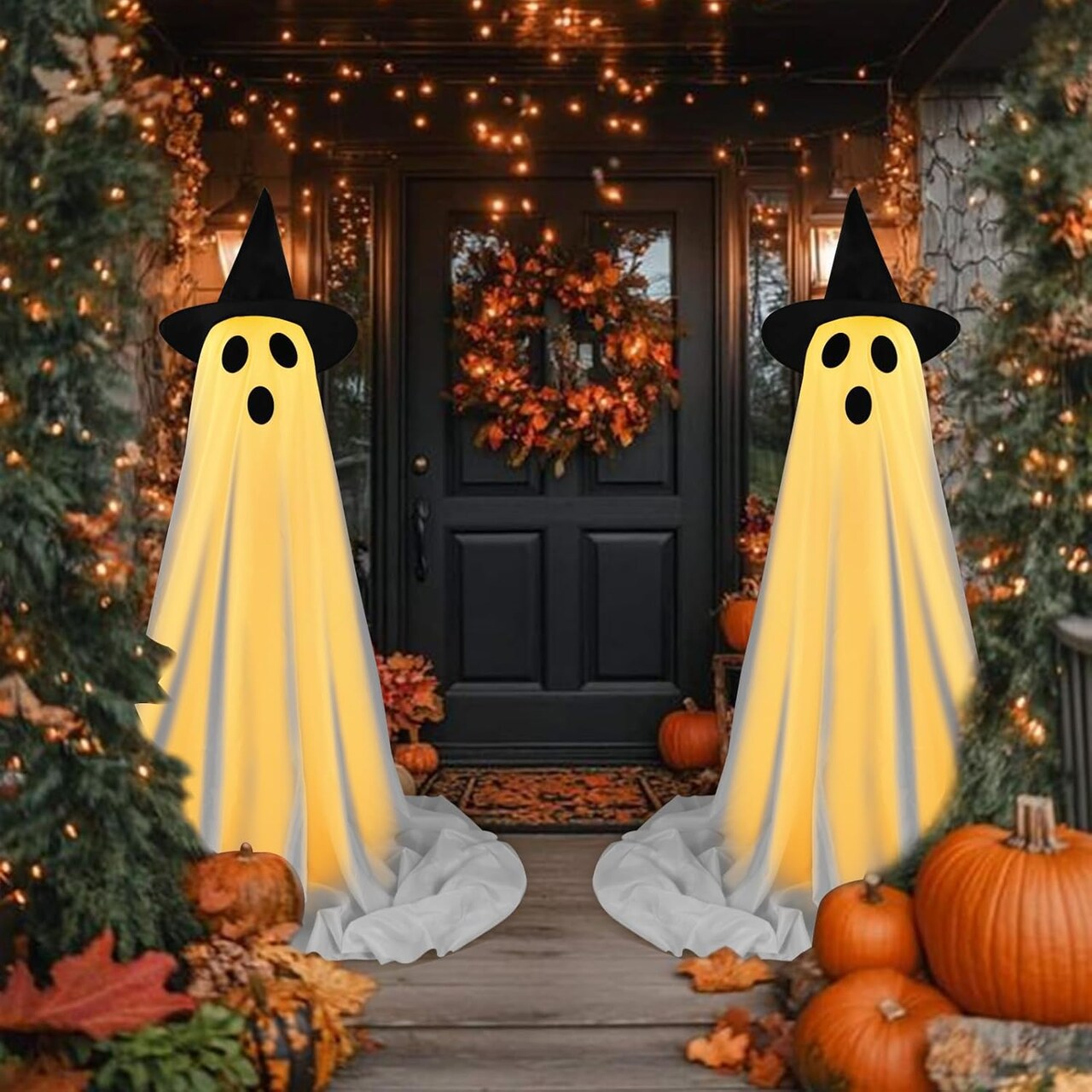 2 Pack Halloween Ghost Decorations with Witch Hat – 63” Spooky LED Light-Up Hanging Ghosts for Indoor & Outdoor Porch, Yard, Garden & Halloween Party Decor